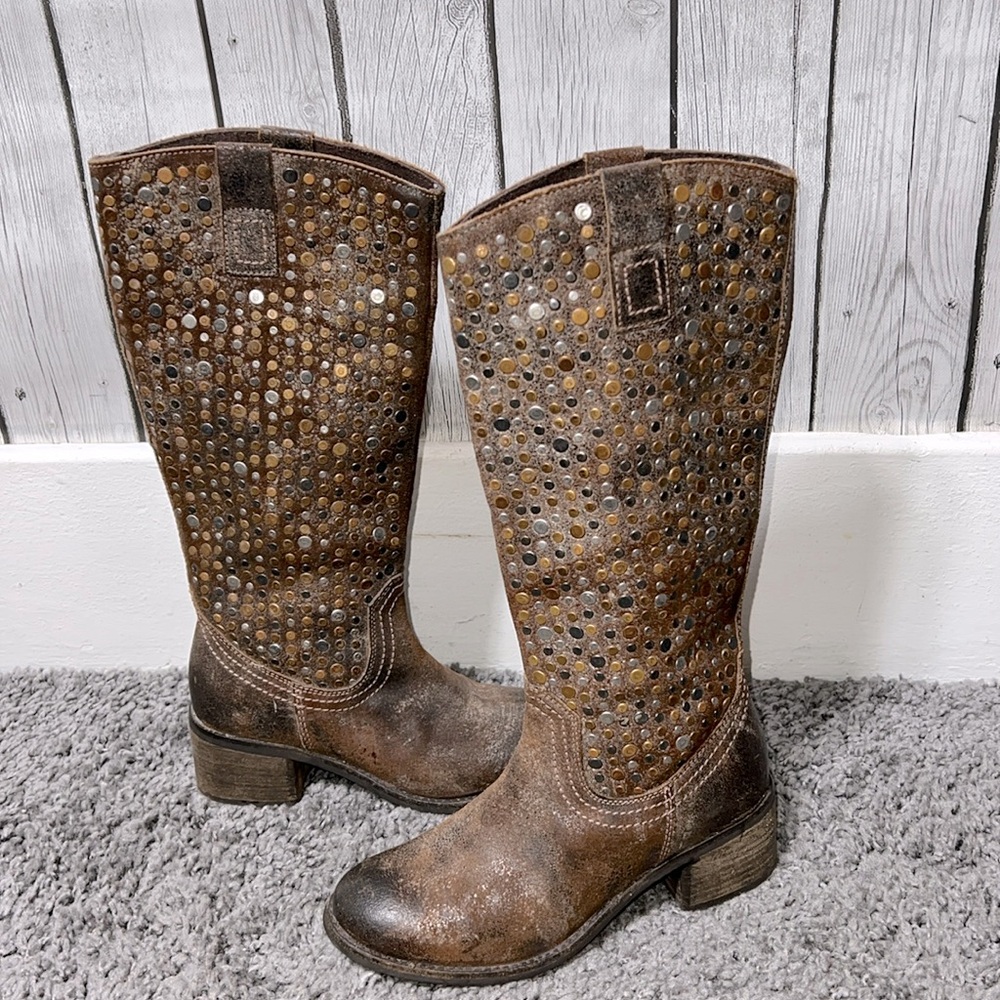 Diba True What To Do Distressed Leather Studded Mid Calf Boots size 6.5